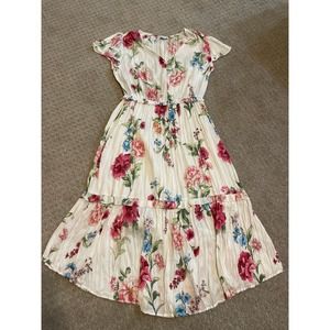 Current Air White & Pink Floral V-Neck Flutter Sleeve Long Dress M